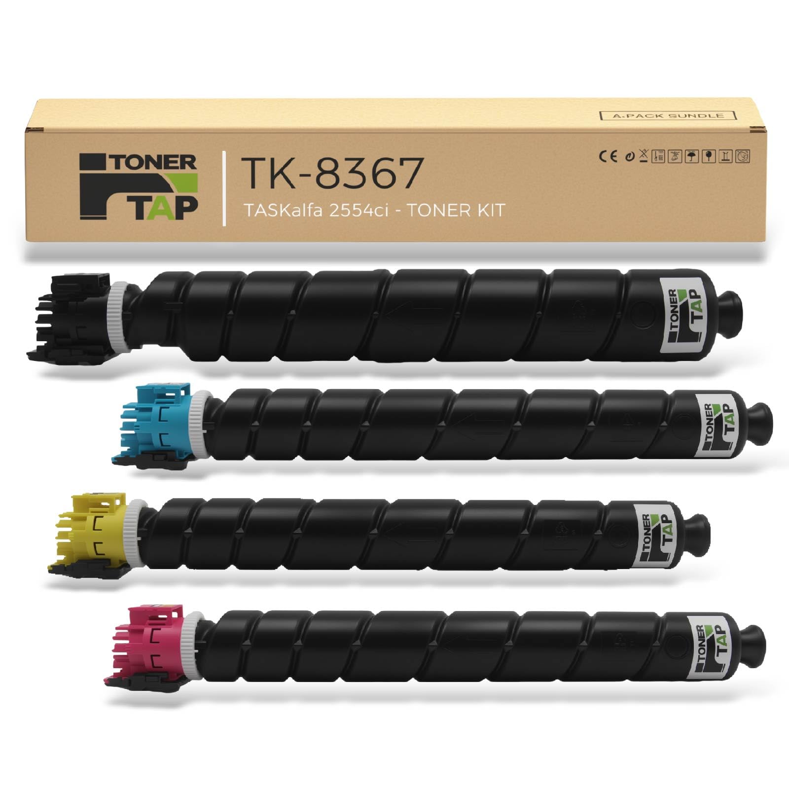 Toner Tap TK-8367K TK-8367C TK-8367M TK-8367Y Toner Cartridges 4-Pack (Black Cyan Magenta Yellow) for Kyocera TASKalfa 2554ci, High-Yield Replacement