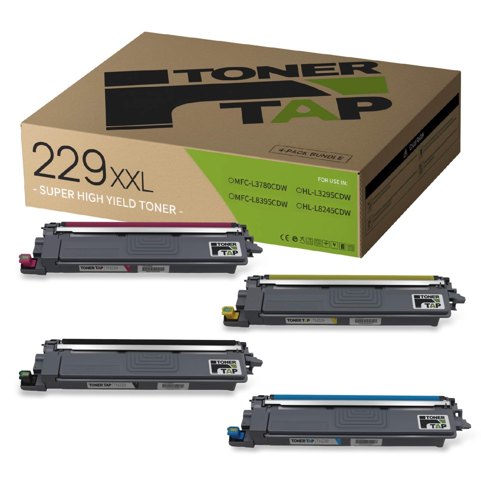 Toner Tap TN229XXLBK TN229XXLC TN229XXLM TN229XXLY Toner Cartridges 4-Pack (Black Cyan Magenta Yellow) for Brother HL-L8245CDW, Brother MFC-L8395CDW/L3780CDW, Super High-Yield Replacement