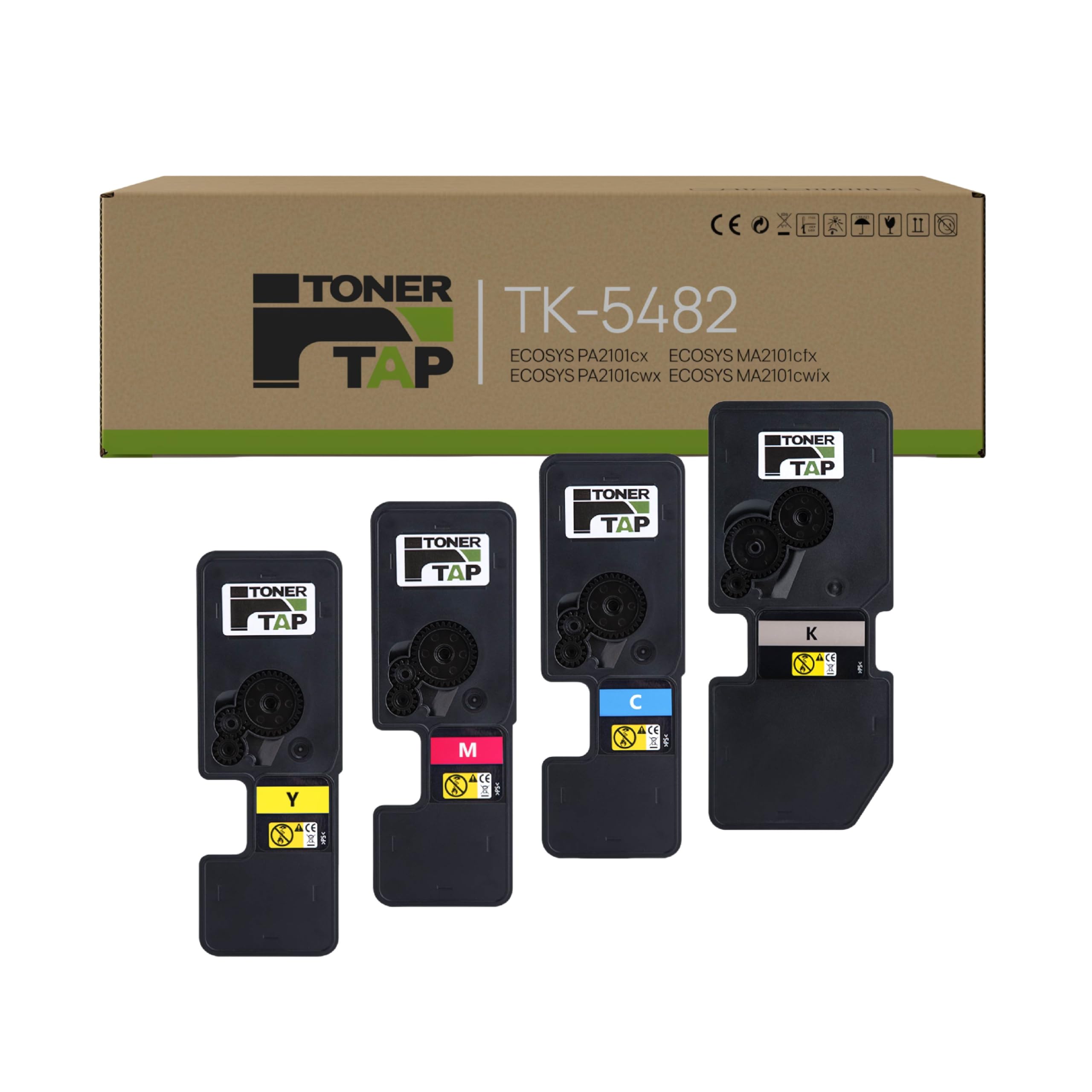 Toner Tap TK-5482K TK-5482C TK-5482M TK-5482Y Toner Cartridges 4-Pack (Black Cyan Magenta Yellow) for Kyocera ECOSYS PA2101cwx, PA2101cx, MA2101cwfx, MA2101cfx, High-Yield Replacement