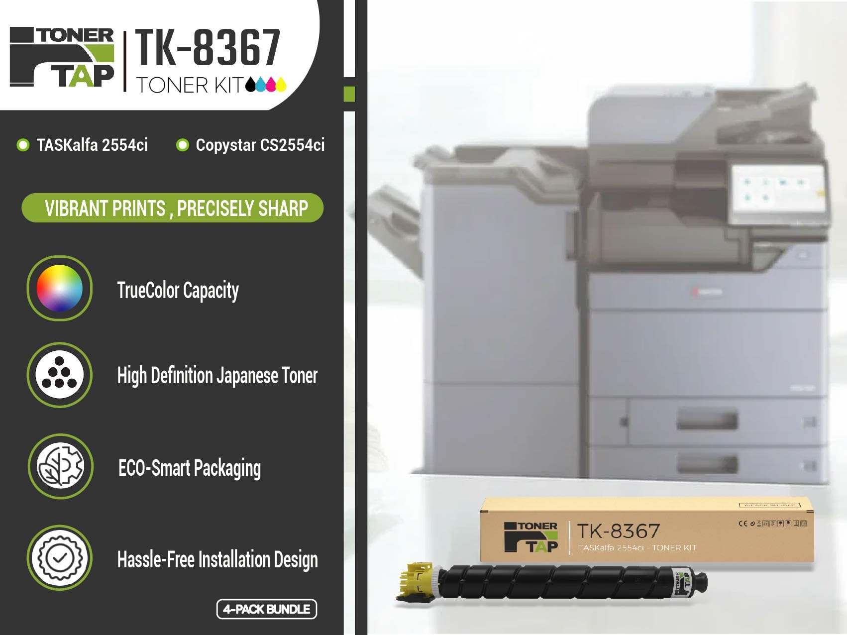 Toner Tap TK-8367K TK-8367C TK-8367M TK-8367Y Toner Cartridges 4-Pack (Black Cyan Magenta Yellow) for Kyocera TASKalfa 2554ci, High-Yield Replacement