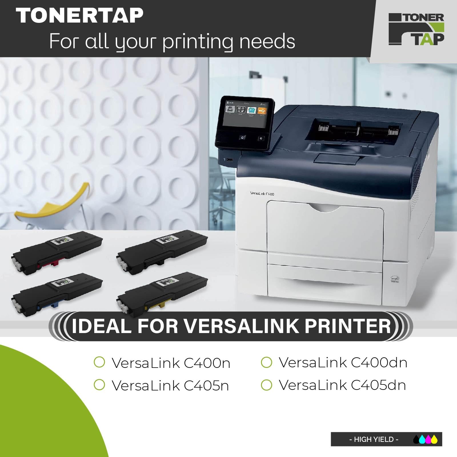 Toner Tap C400 C405 Series Toner Cartridges 4-Pack for Xerox VersaLink C400, C400D, C400DN, C405, C405N, C405DN Printer, Standard Yield Replacement 106R03500 106R03502 106R03503 106R03501