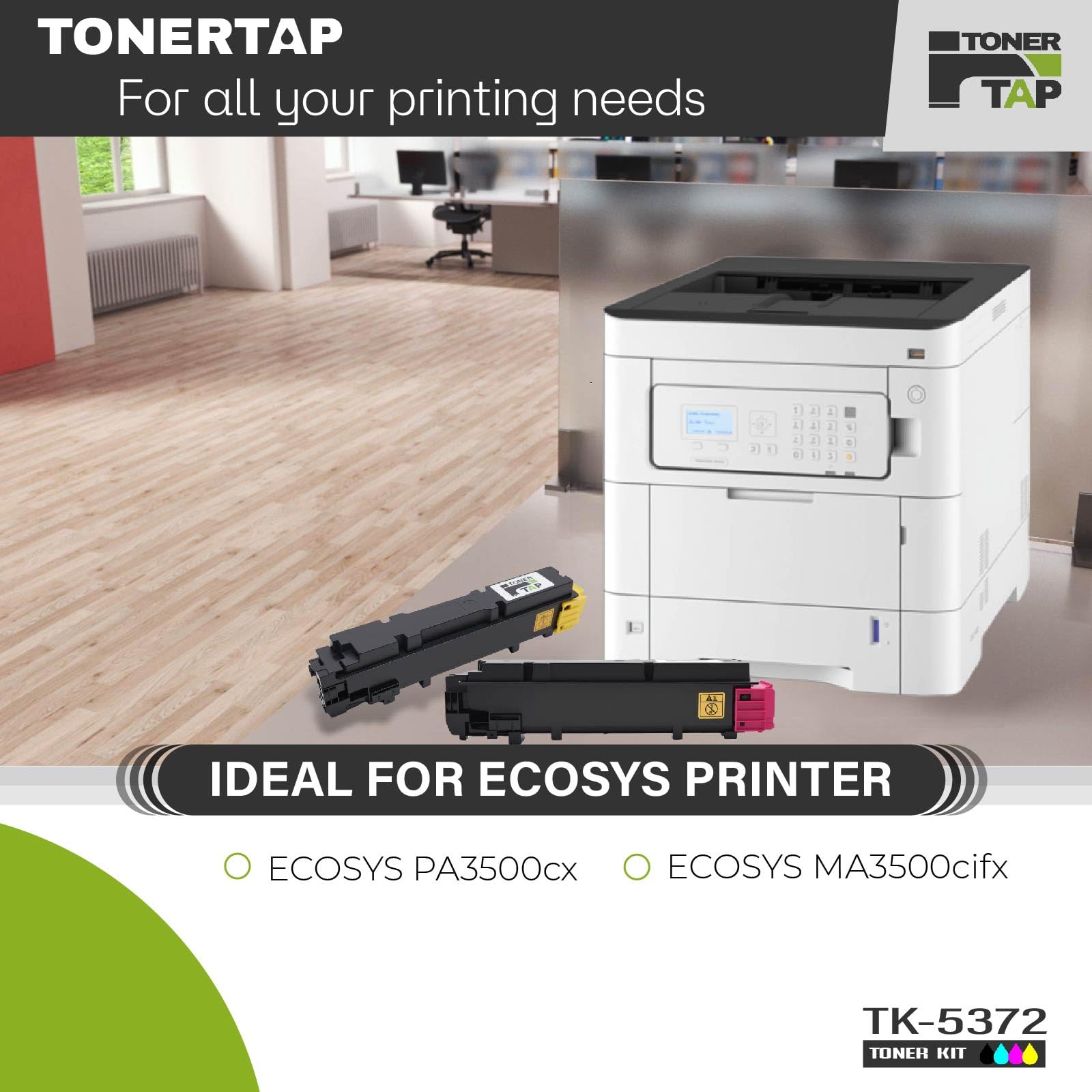Toner Tap TK-5372K TK-5372C TK-5372M TK-5372Y Toner Cartridges 4-Pack (Black Cyan Magenta Yellow) for Kyocera ECOSYS PA3500cx MA3500cifx, High-Yield Replacement