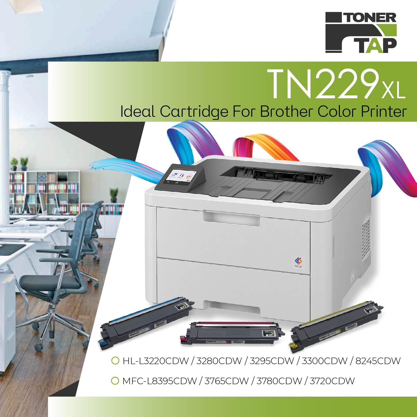 Toner Tap TN229XLBK TN229CXL TN229MXL TN229YXL Toner Cartridges 4-Pack (Black Cyan Magenta Yellow) for Brother HL-L3280CDW/L3220CW/L8245CDW, Brother MFC-L3780CDW/L8395CDW/L3765CDW/L3720CDW, High-Yield