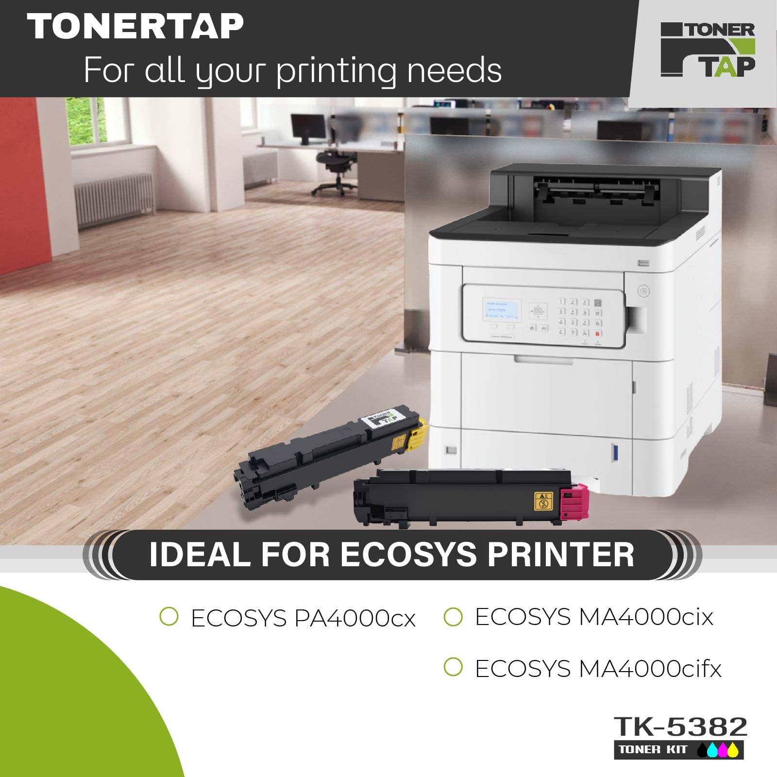 Toner Tap TK-5382K TK-5382C TK-5382M TK-5382Y Toner Cartridges 4-Pack (Black Cyan Magenta Yellow) for Kyoccera ECOSYS PA4000cx, MA4000cix, ECOSYS MA4000cifx, High-Yield Replacement
